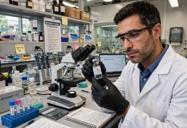 Scientist analysing tumour mutation data for a personalised vaccine