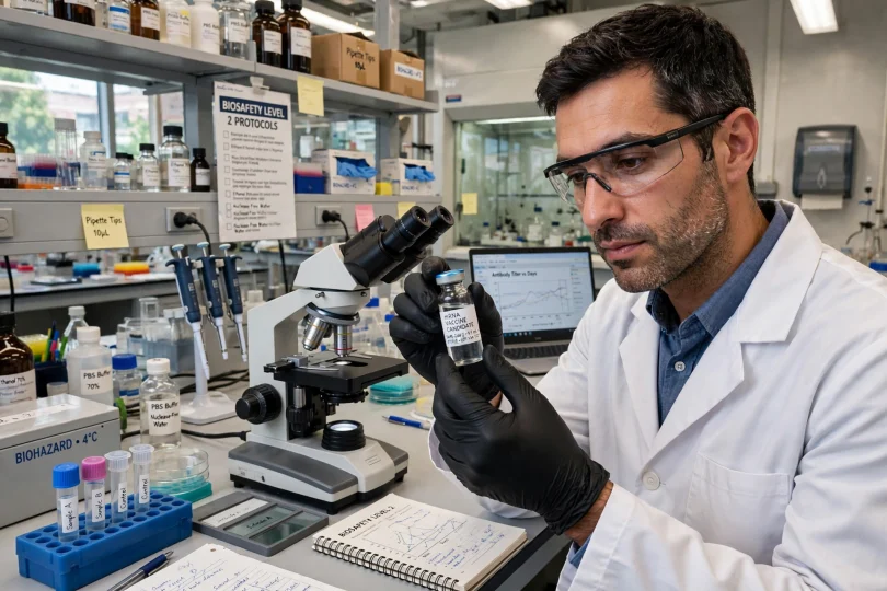 Scientist analysing tumour mutation data for a personalised vaccine