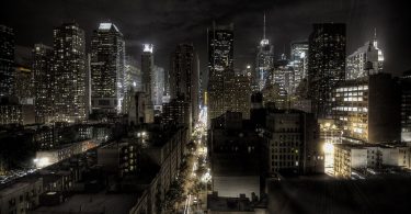 An aerial view of a city skyline