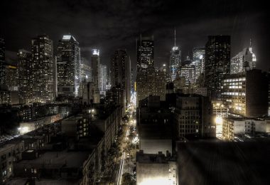 An aerial view of a city skyline
