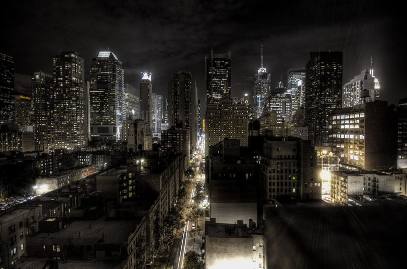 An aerial view of a city skyline