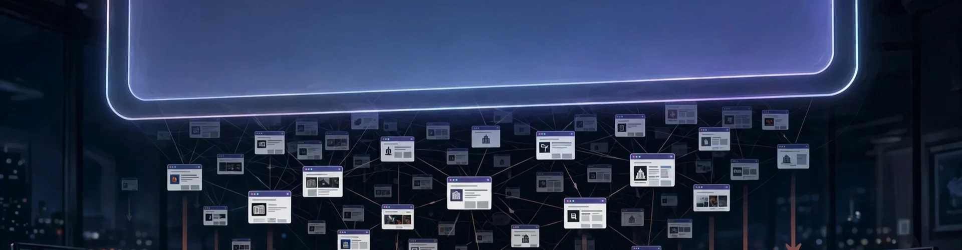 An AI answer interface overshadowing publisher websites as web traffic arrows decline.