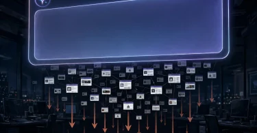An AI answer interface overshadowing publisher websites as web traffic arrows decline.