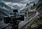 A film crew shooting elite cyclists racing on a dramatic road in the French Alps.