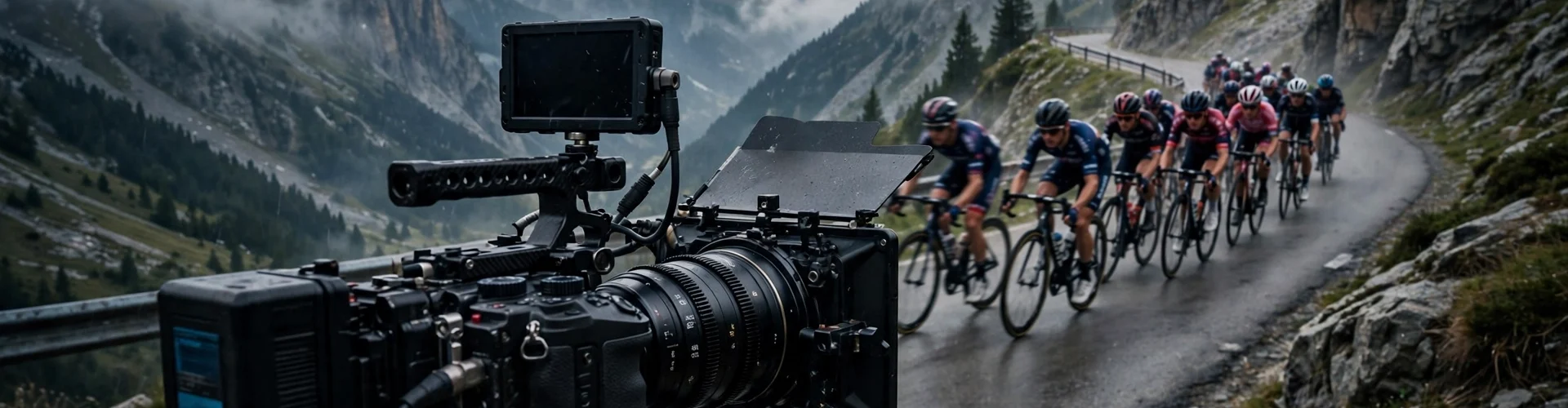 A film crew shooting elite cyclists racing on a dramatic road in the French Alps.