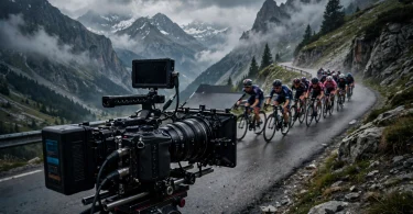A film crew shooting elite cyclists racing on a dramatic road in the French Alps.
