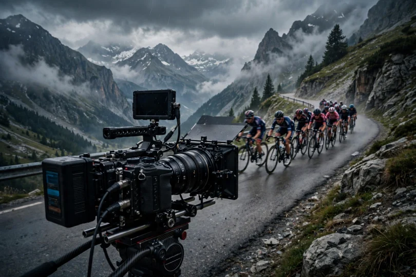 A film crew shooting elite cyclists racing on a dramatic road in the French Alps.